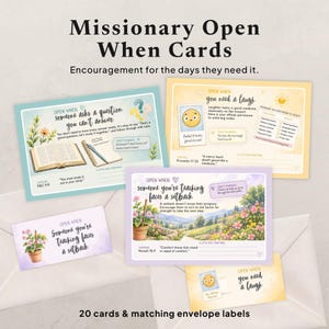 May include: A set of 20 Missionary Open When cards and matching envelope labels. The cards feature pastel illustrations, including an open book, a potted plant, and a smiling face, with printed text such as Open When someone asks a question.