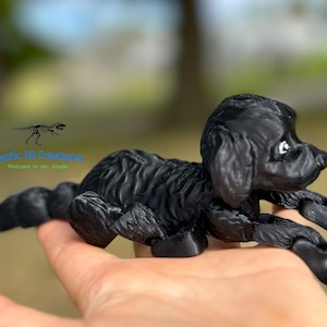 Peut inclure: Une figurine d'un petit chien en 3D imprim&eacute;e en noir, dans une pose ludique. Le chien a une surface textur&eacute;e et est couch&eacute; sur le c&ocirc;t&eacute;, la t&ecirc;te tourn&eacute;e vers le c&ocirc;t&eacute;. La figurine mesure environ 10 cm de long.