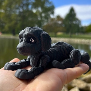 Peut inclure: Une figurine d'un chien en 3D imprim&eacute;e en noir, couch&eacute;e avec la t&ecirc;te tourn&eacute;e sur le c&ocirc;t&eacute;. La figurine a une surface textur&eacute;e et des d&eacute;tails r&eacute;alistes.