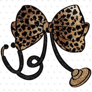 May include: A decorative illustration featuring a bow with a leopard print pattern in gold and black. A black stethoscope is attached to the bow, with gold glitter accents on the earpieces and chest piece. The design is set against a white background.