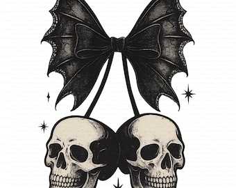 Skull Cherries PNG Bat Coquette Bow Halloween Sublimation Design Skull Shirt Graphic 300 DPI Transparent Background