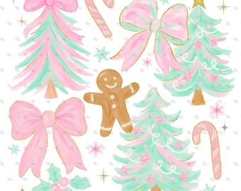 Preppy Coquette Christmas PNG | Pink and Mint Brushstroke Trees | Gingerbread and Bows | Girly Holiday Sublimation