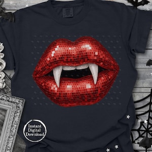 Sparkly Glam Vampire Fangs PNG for Halloween Crafts, Glam Vampire Sublimation Design, Sparkly Vampire Lips, Glam Red Lips