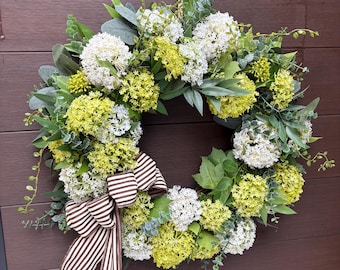 Farmhouse Wreath with Ribbon, Green and White Floral Wreath, Spring Summer Front Door Decor, Large 23 Inch Rustic Wreath
