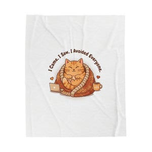 May include: A white blanket featuring a cartoon cat wrapped in a blanket with a laptop and coffee mug. The cat is orange and white, with the text "I Came. I Saw. I Avoided Everyone."