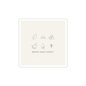 May include: A square sticker with a light beige background and a white border. The sticker features six minimalist line art icons: a leaf, sun, mushrooms, mortar and pestle, water drop, and a sprouting plant. The text "BREATHE, GROW, CONNECT" is below the icons.