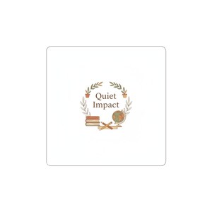 May include: A white square with a logo featuring the text "Quiet Impact" in a brown serif font. The text is surrounded by a wreath of green leaves and small brown pots. Below the text are a stack of books, a globe, and pencils.
