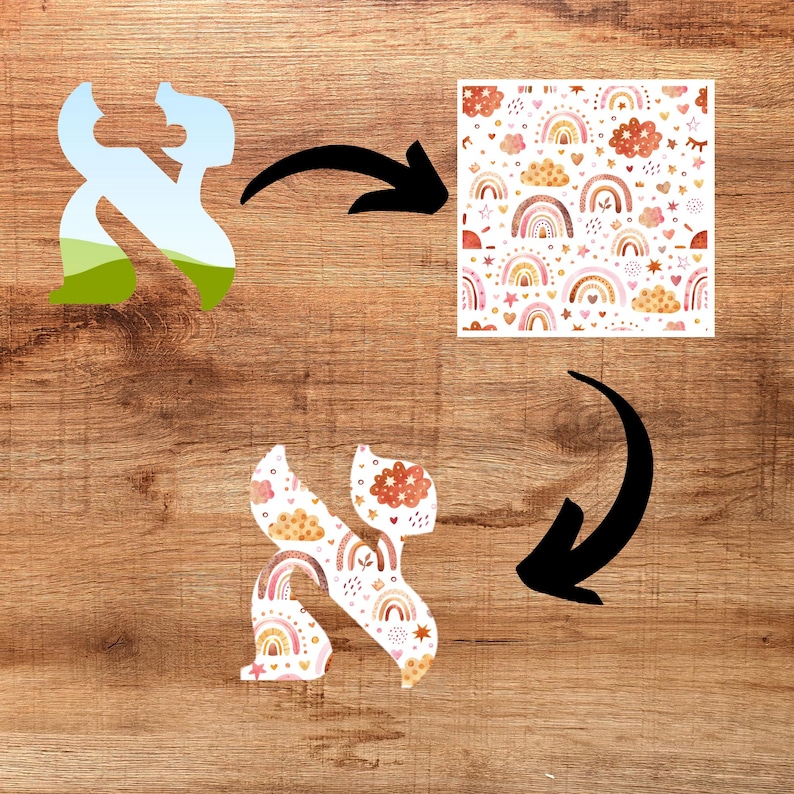 May include: An image showing the transformation of a Hebrew letter. The letter is initially shown in green and blue, then transformed into a design with rainbows, clouds, and hearts. The final letter is shown with the rainbow design.