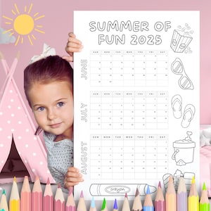 Zomerkalender 2025 poster afdrukbare grote gedateerde kalender Zomeractiviteiten familiekalender direct downloaden zomer countdown met kleurplaten