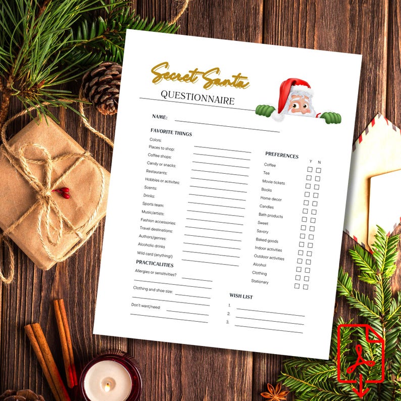 Secret Santa Questionnaire Printable, Secret Santa Questions for Adults Printable, Printable ...