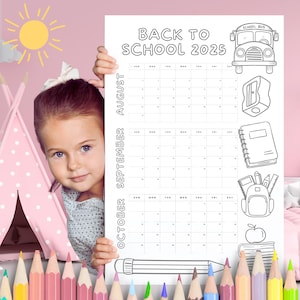 Terug naar school kalender Afdrukbare kalender van drie maanden voor kinderen, grote posterkalender van 3 maanden, 2025, activiteitenkalender 2025 voor kinderen kleuren