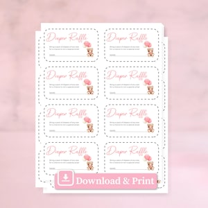 Raffle Tickets Baby Shower Spiele Druckbare Windel-Verlosung Spiel Print-Windel-Verlosungskarten für Mädchen-Baby-Dusche-Rosa und Weiß-sofortiger Download