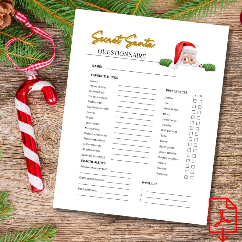 Secret Santa Questionnaire With Allergies Printable