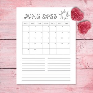 Calendario de junio de 2025 (tamaño carta, 8,5" x 11"), imprimible, planificador de junio de 2025, minimalista, en blanco y negro.