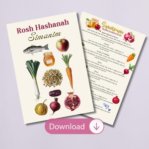 Dos tarjetas Simanim para Rosh Hashaná: una con imágenes, ideal para niños. Tarjetas Simanim para Rosh Hashaná (PDF). Descarga instantánea.