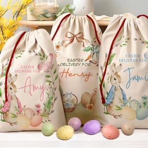 Personalisierte benutzerdefinierte Name Hase Kaninchen Tasche glücklich Ostern Partydekoration Eiersuche Korb Kinder Kind Jungen Mädchen Geschenk Sack Eimer Versandkostenfrei