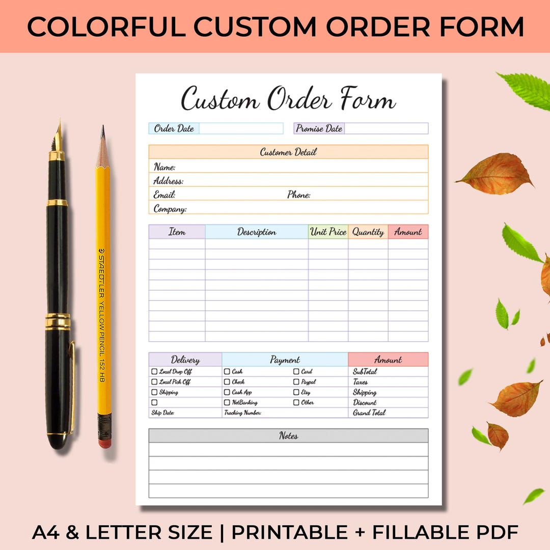 Custom Order Form Template Editable, Small Business Order Forms ...