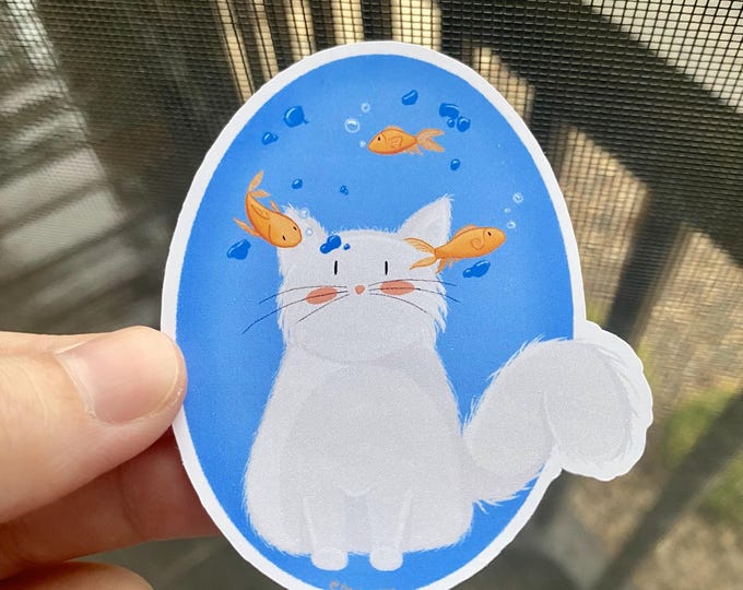 Cat With Fish Vinyl Sticker - Etsy