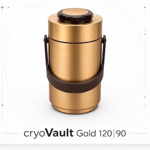 May include: A cylindrical gold-colored container with a dark brown handle and a matching dark brown screw-top lid. The base of the container features the text cryoVault Gold 120|90 printed in a clear, dark font against a white background.