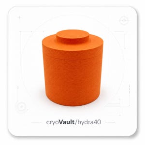 Puede incluir: Un recipiente cilíndrico de color naranja brillante con una superficie texturizada y una tapa a juego que presenta un centro circular elevado. La base de la imagen muestra el texto cryoVault/hydra40 en una fuente sans-serif sobre fondo blanco.