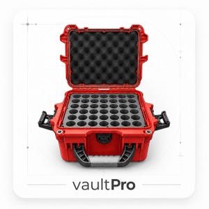 May include: A bright red hard-shell protective case with black latches and a handle. The lid is open, revealing black egg-crate foam padding. The base contains a black foam insert with forty-nine circular cutouts. The text vaultPro is below.