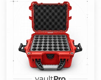 May include: A bright red hard-shell protective case with black latches and a handle. The lid is open, revealing black egg-crate foam padding. The base contains a black foam insert with forty-nine circular cutouts. The text vaultPro is below.