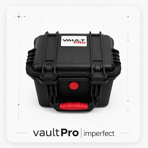 May include: A black, rectangular, hard-shell protective case with a red handle and a red circular valve. The top features a white label with the text VAULT PRO in black and red. The text vaultPro | imperfect is printed below the case.