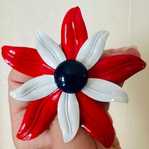 Vintage Enamel Flower Brooch Red, White, Blue