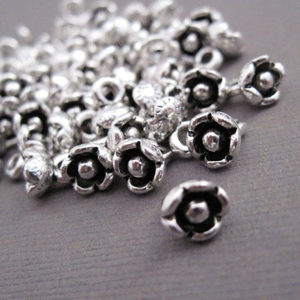 20 Silver Plated - Hill Tribe Style Little Blossom Drops - 6mm - 20 Drops