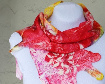 Silk Wool Felted Scarf, Hand Dyed, Extra Fine Merino Wool, Silk, Summer Scarf, Red, Pink, Yellow