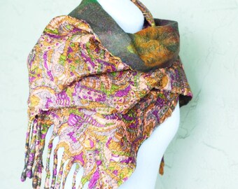 Nuno Felted Wrap, Large Scarf, Printed Silk, Extra Fine Merino Wool, Olive Green, Mustard Yellow