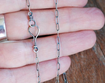 Oxidized Sterling Silver Narrow Chain with Long Oval Links and Handmade Clasp