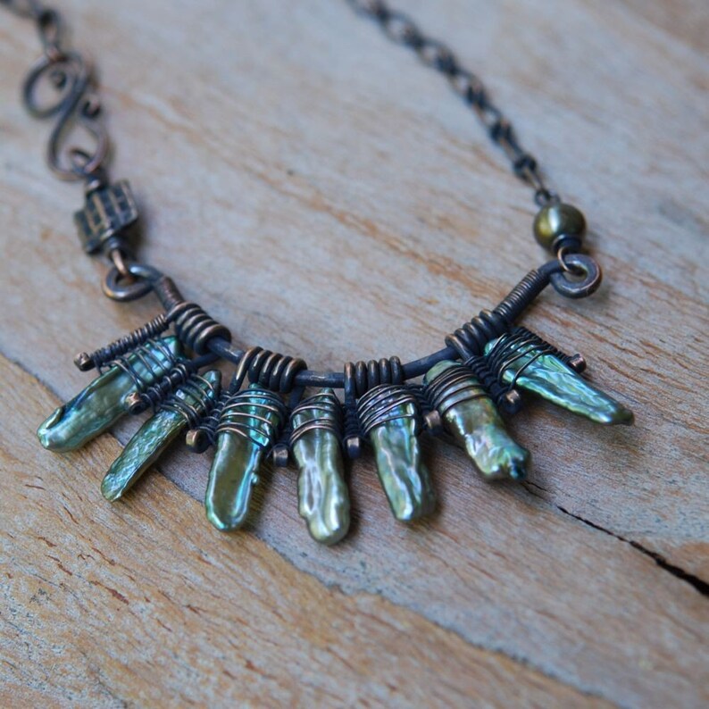 Pearl Fan Necklace Oxidized Copper Artisan Necklace Etsy