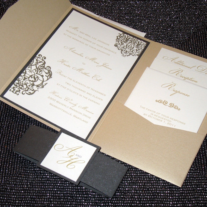 Metallic Pocketfold Wedding Invitation Elegant Scrolls Etsy
