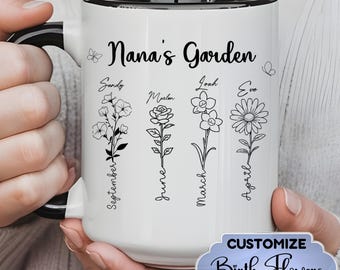 Nana Garden Mug Birth Flower Ceramic Cup Personalized Grandmother Gift Idea Custom Floral Family Name Coffee Present Birthday Celebration
