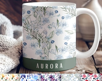 Personalized Floral Mug Custom Name Green Wrap Botanical Design Coffee Cup Coaster Set Gift Mom Birthday Present Kitchen Accessory Desk