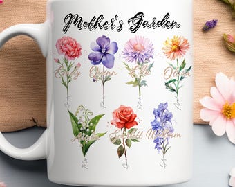 Personalized Flower Mug Custom Name Birth Month Gift Idea for Mother Day Celebration Present Watercolor Ceramic Cup Design Floral