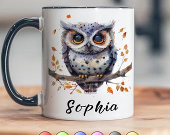 Personalized Owl Mug Custom Name Ceramic Cup Watercolor Design Autumn Leaf Nature Inspired Coffee Gift Unique Handmade Woodland Bird