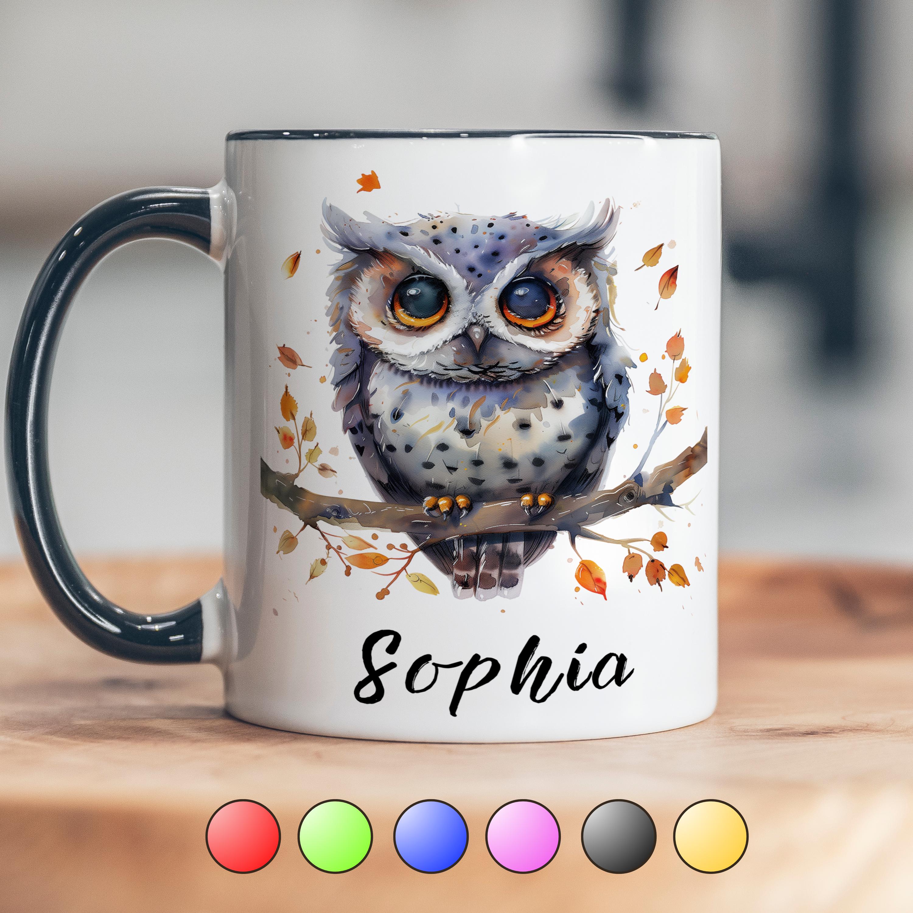 Personalized Owl Mug Custom Name Ceramic Cup Watercolor Design Autumn Leaf Nature Inspired Coffee Gi