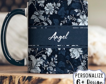 Personalized Ceramic Mug Custom Name Coffee Cup Black Design Floral Pattern Navy Blue White Flowers Unique Gift Birthday Present Office Desk