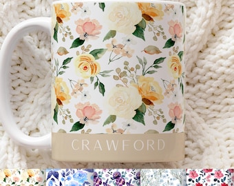 Personalized Floral Mug Custom Ceramic Coffee Cup Monogrammed Gift Birthday Present Flower Design Name Initial Kitchen Accessory Coaster Set