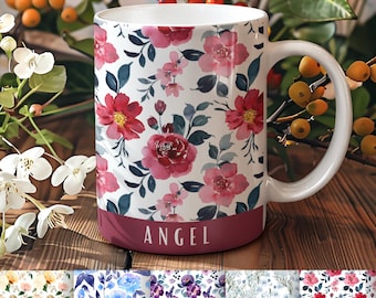 Personalized Ceramic Mug Gift Set Matching Coaster Cup Design Red Floral Coffee Custom Name Handwritten Style Feminine Accessory Desk