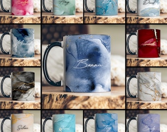 Gift for Her Mug Personalized Marble with Name Coffee Gift Set Matching Coaster Custom Cup Tea Lover Idea Ceramic Handmade