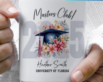 Personalized Graduation Mug Masters Degree Gift Ceramic University Floral Cup Custom Name Present Celebration Keepsake Graduate Suprise