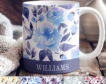 Personalized Coffee Mug Custom Name Floral Design Ceramic Cup Blue Flower Gift Set Mother Present Unique Kitchen Drinking Vessel Elegant