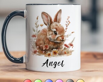 Watercolor Bunny Mug Custom Design Cute Animal Nature Inspired Garden Aesthetic Unique Rabbit Art Ceramic Coffee Cup Tea Lover Gift Idea