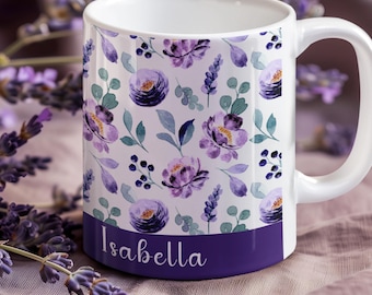 Personalized Ceramic Mug Custom Lavender Watercolor Design Purple Floral Kitchen Gift Botanical Dishwasher Safe Microwave Cup Flower