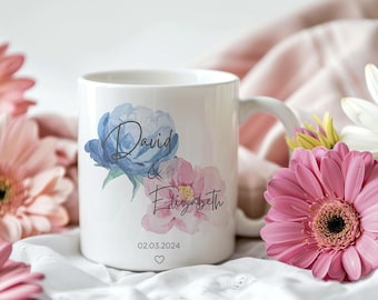 Personalized Couple Mug with Name Custom Design Floral Pattern Ceramic Cup Wedding Gift Anniversary Present Romantic Idea Valentine Day