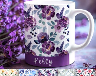 Personalized Coffee Mug Custom Name Purple Floral Ceramic Cup Tea Gift Matching Coaster Set Birthday Present Idea Elegant Kitchen Accessory