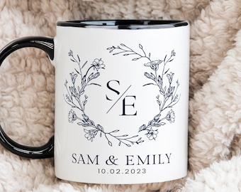 Personalized Wedding Mug Custom Initial Couple Gift Ceramic Bridal Shower Present Date Anniversary Celebration White Cup Floral Design